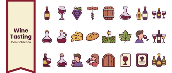 Comprehensive Set of 24 Wine Tasting and Vineyard Icons in a Flat Design Style, Featuring Wine Bottles, Glasses, Grapes, Corkscrew, Barrel, Decanter, Cheese, Bread, Winery Landscape, and People