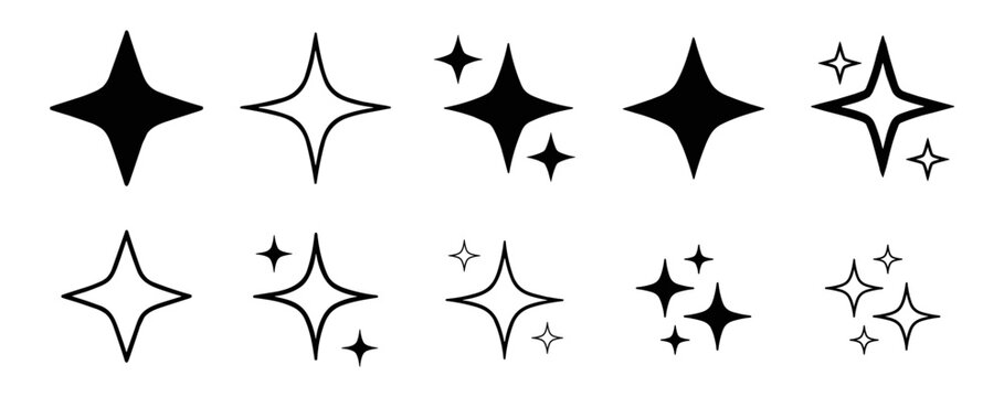 Star sparkle and shine icon collection, glitter twinkle flash light symbols in solid and outline vector isolated on transparent background