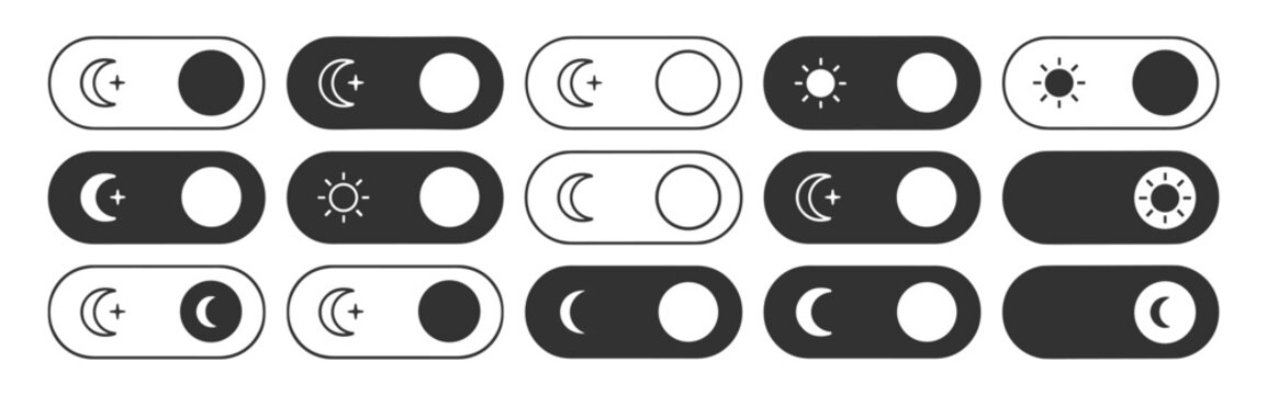Dark and light mode toggle switch icon collection, day night theme UI button controls in outline and solid vector isolated on transparent background