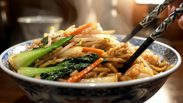 Close up of a bowl of noodles with vegetables in a decorative bowl
