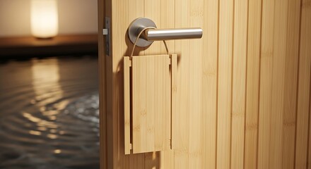 Close up of a wooden door handle with keys hanging on it next to a pool.