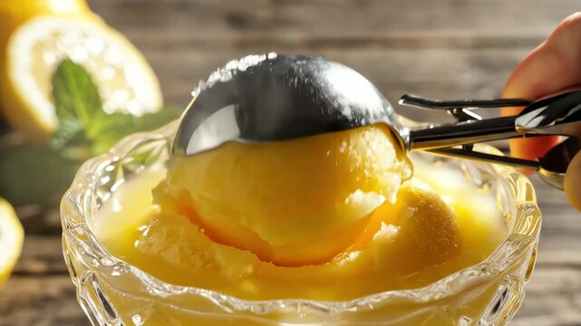 Close up of a lemon sorbet being scooped with a spoon in a glass bowl