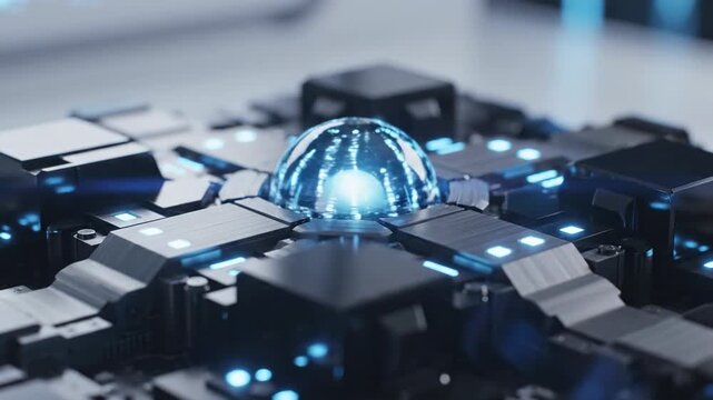 Futuristic microchip city with glowing blue lights and central glass dome on circuit board