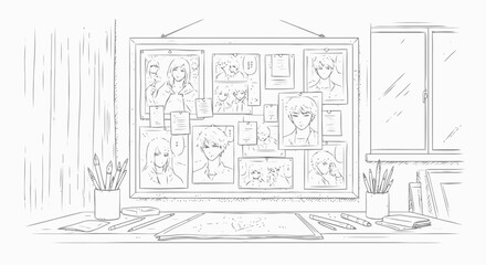 Artist Workspace with Storyboard and Supplies.