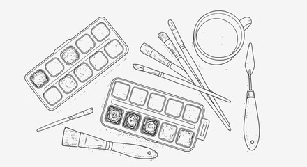 Artist Paintbrushes and Watercolor Paints Palette.