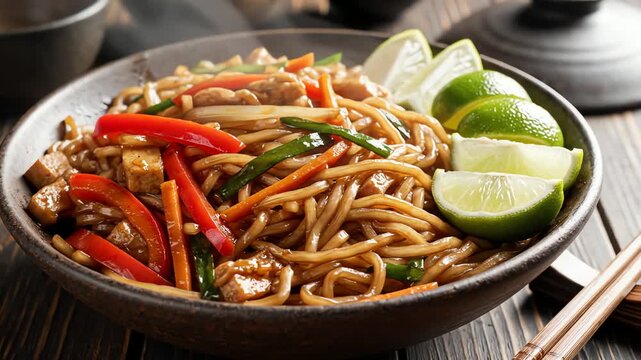 Close up of asian noodles dish with vegetables and lime garnish