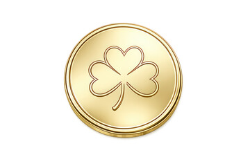 Gold coin featuring a three-leaf shamrock, symbolizing luck, irish heritage, st. Patrick's day, prosperity, and good fortune. Transparent background