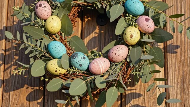 Handmade Easter wreath with speckled eggs and eucalyptus on rustic wooden background