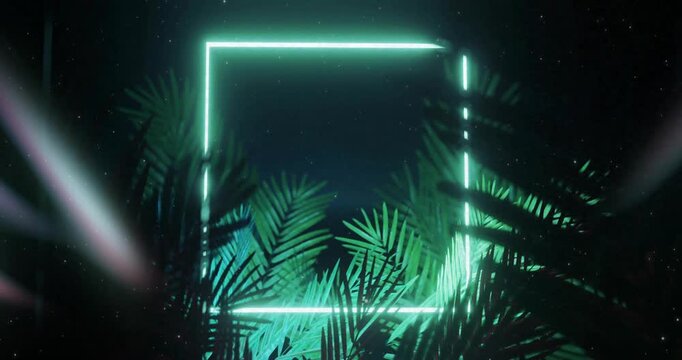 Glowing neon square with tropical palm leaves in dark atmosphere