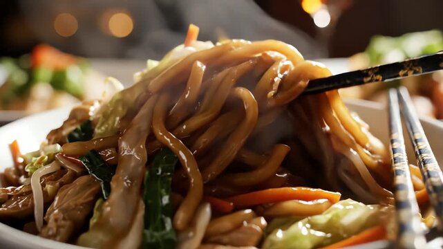 Close up of freshly prepared noodles with vegetables and chopsticks