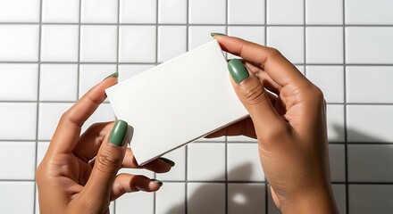 Womans Hands Holding Blank White Business Card Against Tiled Background.