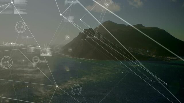 Fading data nodes initiating stretching lines showing numbers and chart icons converging on island