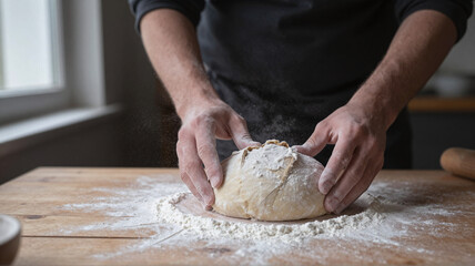 Fototapeta premium Hands kneading dough on floured wooden table, preparing homemade bread in a bright, rustic kitchen