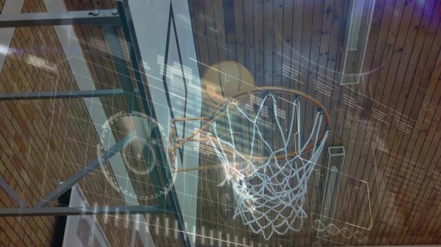 Teenager releasing basketball toward hoop in gym with analytics overlay tracking shot performance
