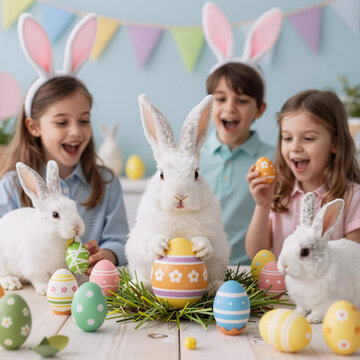 geometric, a vibrant easter celebration with eggs and bunnies