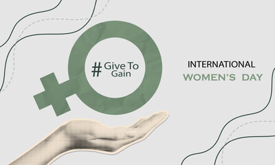 Green female gender symbol with Give To Gain text above supporting hand in halftone technique for Women&rsquo;s Day.