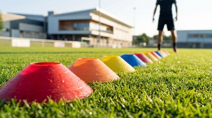Sports training setup with colorful cones on pristine grass field in