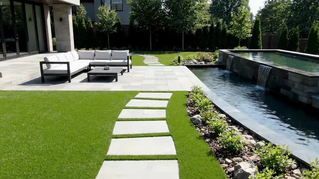 Modern Backyard Oasis with Lush Artificial Grass, Patio Furniture, and Serene Waterfall
