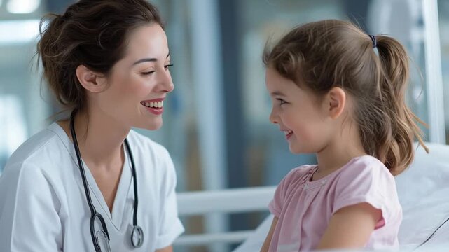 Friendly pediatric doctor smiling and talking with little girl during medical visit