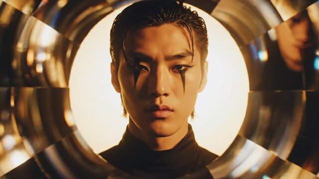 Asian male model with dramatic makeup gazes intensely through circular reflective frame in studio