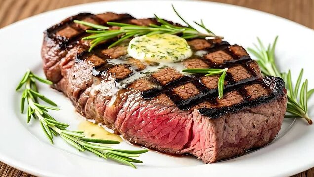 Perfectly grilled medium rare beef steak rests on a white plate topped with melting herbed butter and fresh rosemary sprigs for garnish