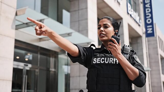 Female security officer directs attention while communicating with radio outside modern building