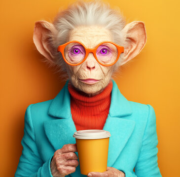 Fashionable elderly chimpanzee in a turquoise coat holding a coffee cup