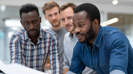 Obraz premium Diverse team collaborating in modern office setting, analyzing financial data screens documents, teamwork strategic planning business success showcasing, with copy space