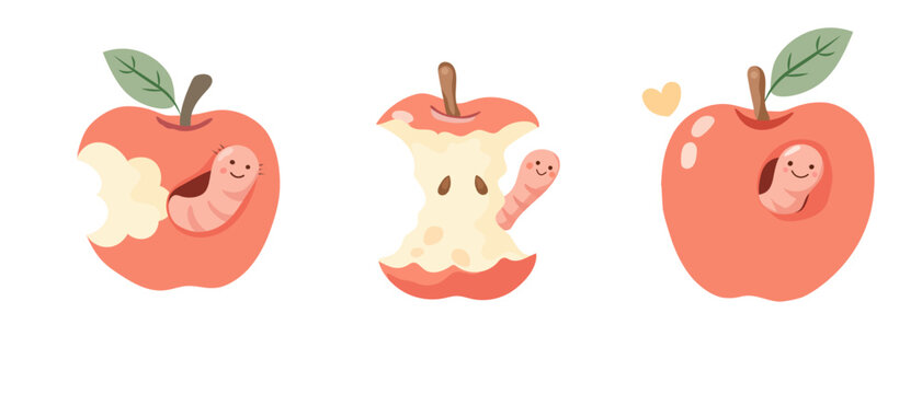 Red apples. Set of cute red apples with a happy worm character. Includes a whole apple, a bitten apple, and an apple core. Soft textures and friendly hand-drawn style.