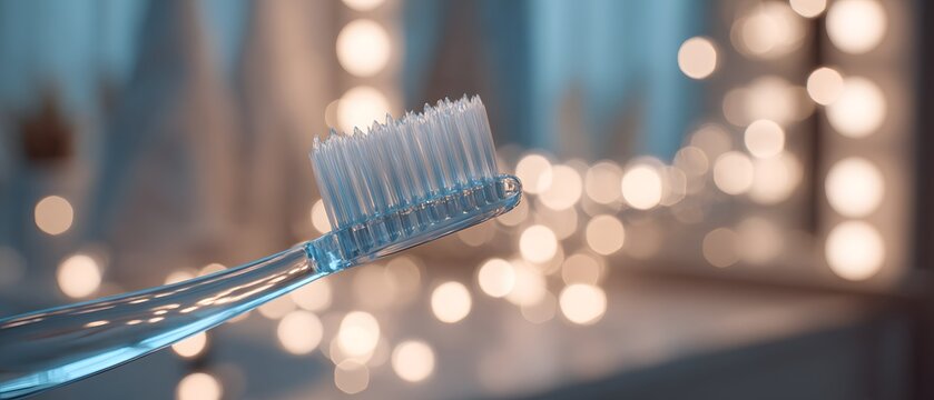 A close-up of a toothbrush with soft bristles against a blurred background of decorative lights, symbolizing personal care and hygiene in a modern lifestyle setting.