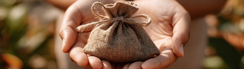 A close-up view of hands gently holding a small, rustic sack. The scene conveys a sense of care and warmth, symbolizing treasure, secrets, or gifts in a serene natural environment.