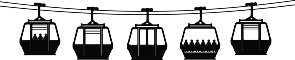 Black Cable Car Silhouette Set on Sky Wire, Isolated Vector Illustration of Gondola Lift for Mountain Ski Resort and Urban Transportation Graphic Design © Shihab Creative