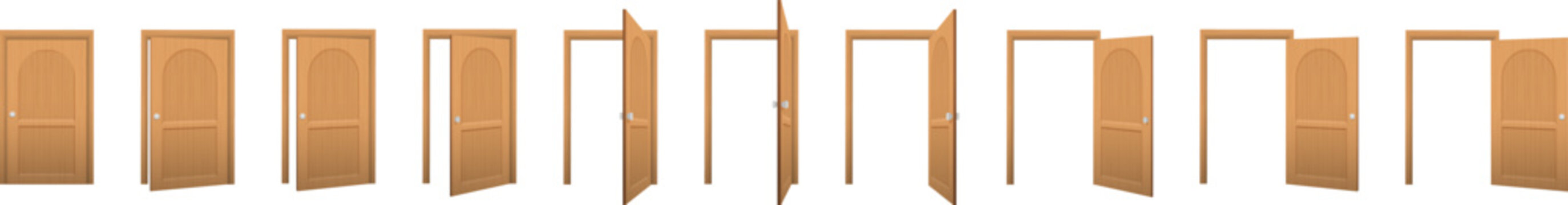 Multiple wooden doors open and closed sequence.