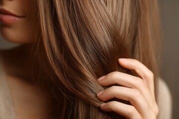 Fototapeta premium Close-up View of Woman Touching Her Shiny Hair in a Beauty Setting Showing Hair Care Routine in High Resolution