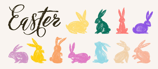 Obraz premium Happy Easter poster, card with colored decorated eggs, floral elements. Hand drawn with chalk texture and coals. Childish naive style. Festive design for spring celebration. Easter greeting card.
