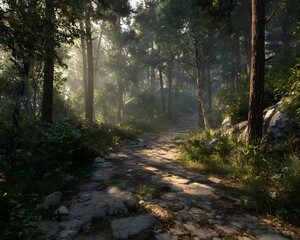 Obraz premium A serene forest pathway surrounded by lush greenery and illuminated by soft sunlight filtering through the trees. The tranquil setting evokes peace and a connection with nature.