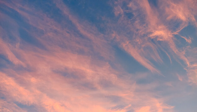 Soft pink and orange clouds glowing at sunset against a blue evening sky. Dreamy pastel atmosphere with delicate cloud formations and tranquil mood