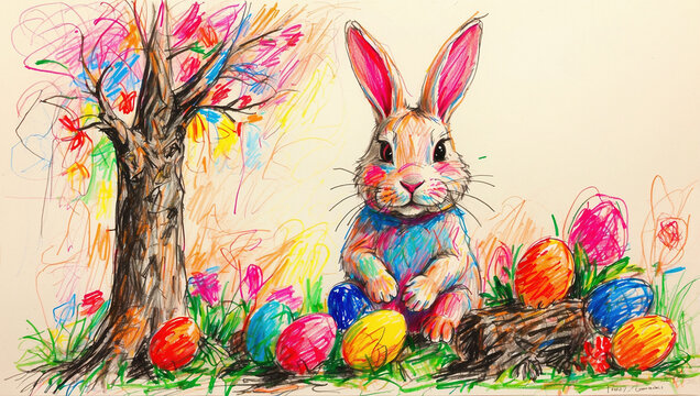 Ein Osterhase sitzt neben einem Baum vor bunten Ostereiern