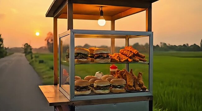 Simple Village Ramadan Burger Stall at Sunset in Indonesia