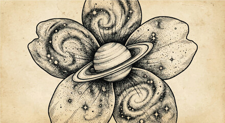 Surreal Cosmic Sakura Flower Illustration - Vintage Galaxy and Planet Blossom Sketch © Mr. Akash