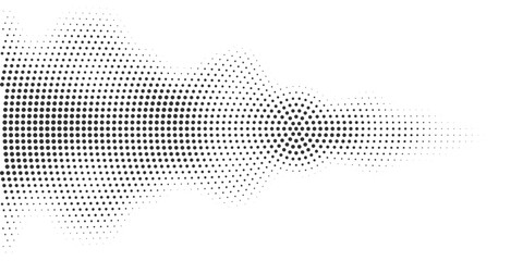 Abstract black halftone wave pattern, geometric dotted flow shape fading on white background, modern minimal technology texture for digital data and sound visualization concept