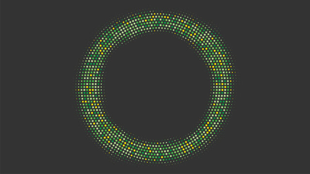 Abstract circular pixel ring frame, green and yellow square dots forming round halftone border on dark background, modern digital technology concept with empty center space