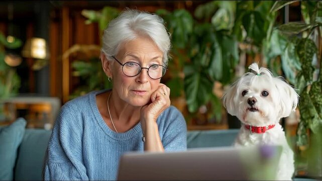 Thoughtful senior woman with gray hair and glasses using laptop beside small dog cozy home living room, casual remote work and concentration sofa, calm companionship with pet bright daytime scene