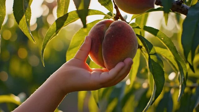 Hand holding ripe peach under tree branches with green leaves and sunlight fruit