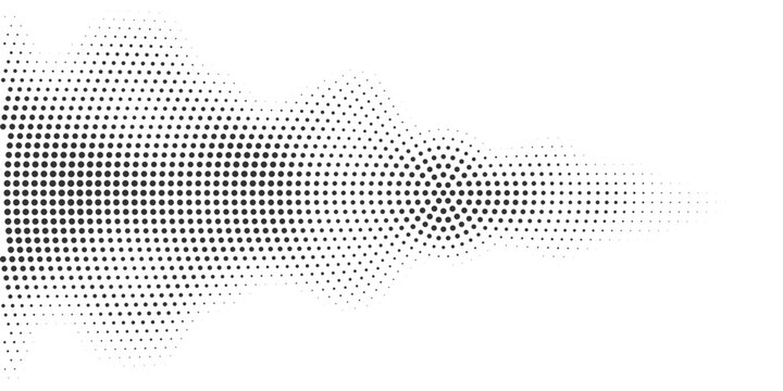 Abstract black halftone wave pattern, geometric dotted flow shape fading on white background, modern minimal technology texture for digital data and sound visualization concept