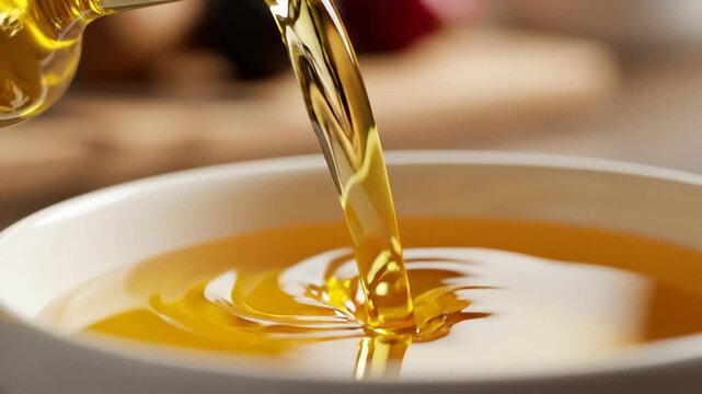 Close up of golden liquid pouring into a bowl for culinary purposes