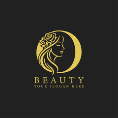 Obraz premium Luxury Gold Letter O Beauty Logo with Woman Silhouette Golden Woman Profile with Rose Design