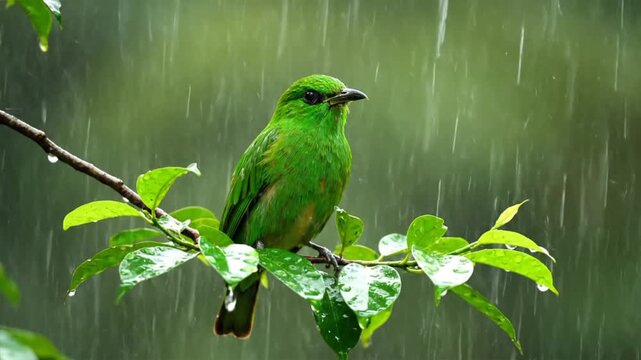 Green Bird Perched on Wet Branch.