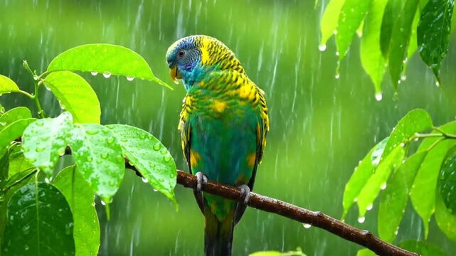 Rainy Day Parrot on Branch.