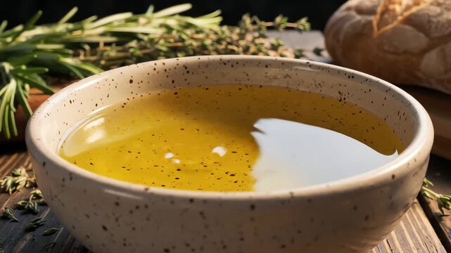 Olive oil pouring into ceramic bowl with bread and herbs composition